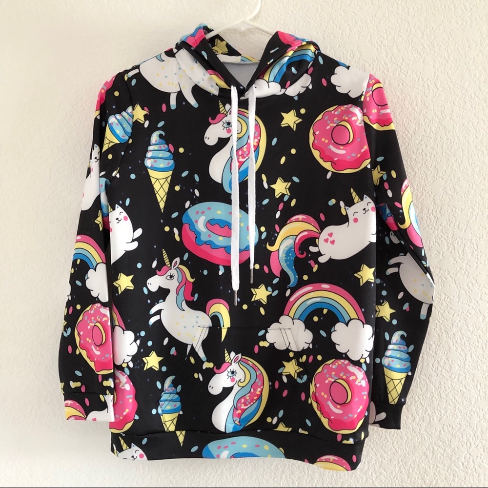 NWOT All Over Print Unicorn Cat Donut Graphic Hoodie Youth Size 12 XXL